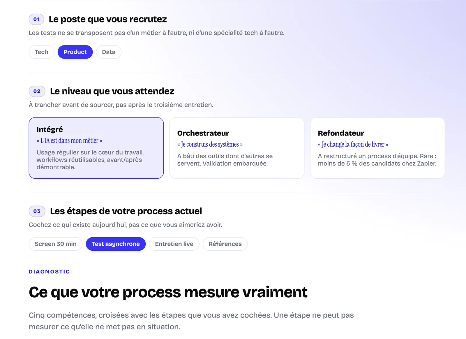 Configurateur : le poste, le niveau attendu et les étapes du process.