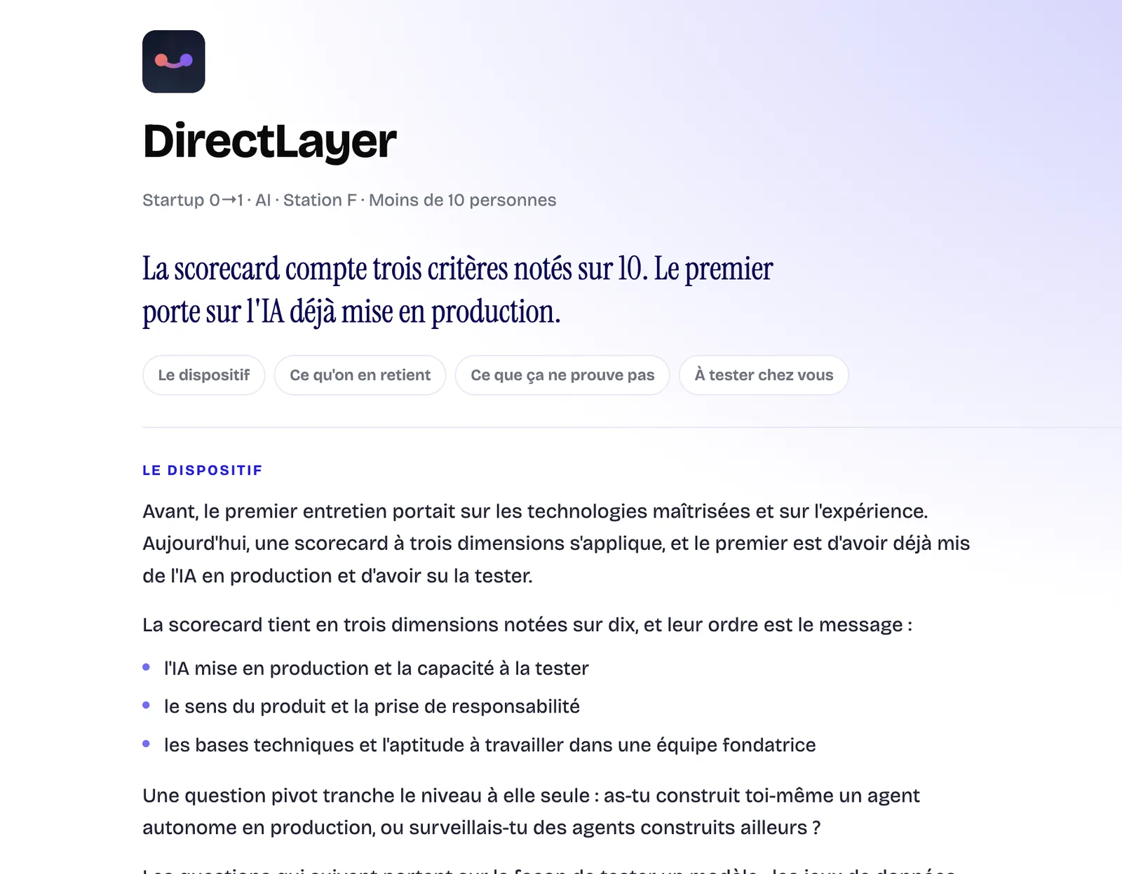 Fiche DirectLayer : la scorecard à trois critères et le dispositif d'entretien.