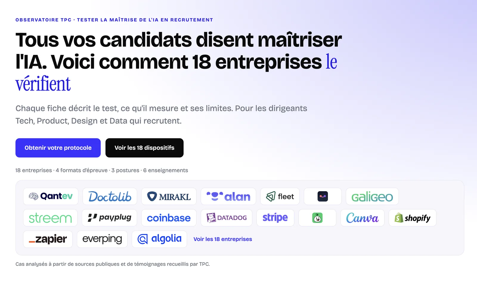 Accueil du benchmark : les 18 entreprises documentées et leurs logos.